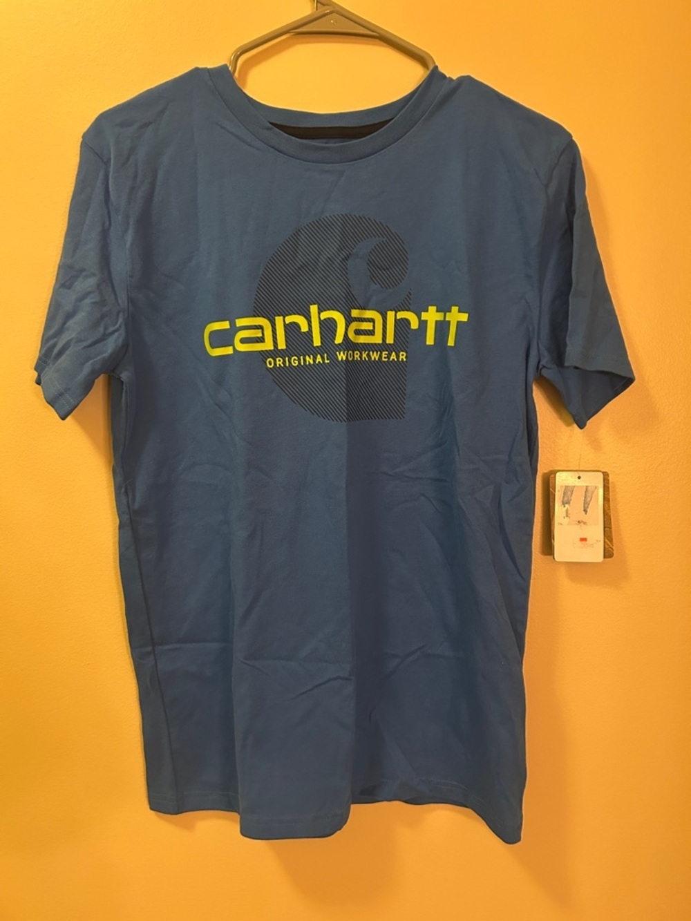 Carhartt Short-Sleeve Logo Tee in Sky Blue with Neon Yellow Print